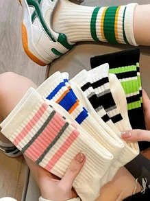5 paires Chaussettes tubes moyennes polyvalentes à motif rayé pour sport, chaussettes confortables et respirantes all-match, chaussettes et collants blocs de couleurs pour femmes