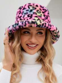 1 Women's Leopard Print Plush Bucket Hat, Autumn And Winter Warm Multi-Purpose, Adjustable Cap Crown, Suitable For Anyone Group Of Small Bucket Hats Suitable For Daily Use Leopard Print Pattern Random Winter Outfits