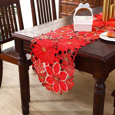 1pc, Embroidered Christmas Table Runner, Hand-Cut Design, Suitable For Holiday Layout, Party Decoration, Living Room And Dining Room Layout.