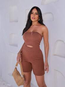 Women's Strapless Jumpsuit With Front Slit New Elegant Fashion - Rỉ Nâu - Xem 5