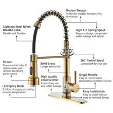 Kitchen Faucet With Pull-Down Sprayer Brushed Gold Finish LED Lighting Single-Handle 1-Hole Or 3-Hole Design Spring-Action Kitchen Sink Faucet Includes Countertop Cover Plate Suitable For Farmhouse Style/RV/Bowl Sinks - Gold - View 5