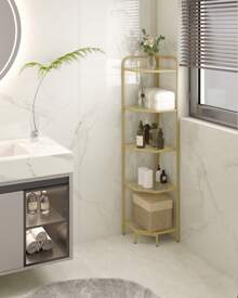 HEXCELEN Corner Shelf Stand, Glass Bookshelf Bookcase, Bathroom Organizer, Plant Stand, Steel Frame, Tempered Glass, Modern Style For Living Room, Bathroom, Kitchen, Room Deocr, Home Decor, 5/6-Tier Golden - 金色 - 查看 4