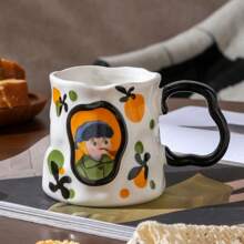 1pc卡通肖像陶瓷杯法式极简不对称手工咖啡杯家用水杯下午茶杯商用拿铁杯办公室水杯返校 - 彩色 - 查看 14