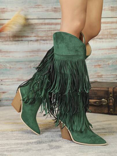Fall/Winter 2025 Women's Fashion Green Knee-High Geometric Fringed Comfortable Faux Suede Thick Heel Boots, Wooden Grain High Heel Pointed Toe Comfortable Western Cowboy Boots