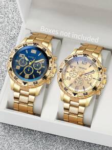 2 pièces/set Montre-bracelet à quartz avec échelle numérique à trois yeux, mode homme, avec bracelet en acier