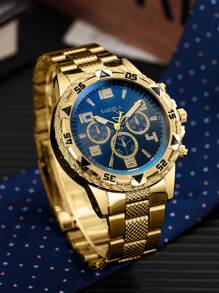 2 pièces/set Montre-bracelet à quartz avec échelle numérique à trois yeux, mode homme, avec bracelet en acier
