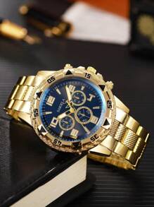 2 pièces/set Montre-bracelet à quartz avec échelle numérique à trois yeux, mode homme, avec bracelet en acier