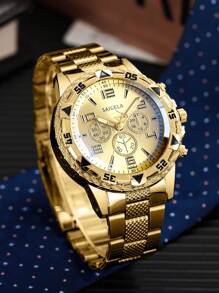 2 pièces/set Montre-bracelet à quartz avec échelle numérique à trois yeux, mode homme, avec bracelet en acier