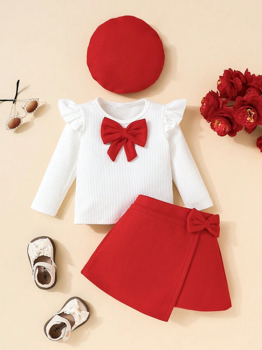 3 Stück/Set Herbst Winter Vintage Baby Mädchen Rippenpullover, Rock und Beanies