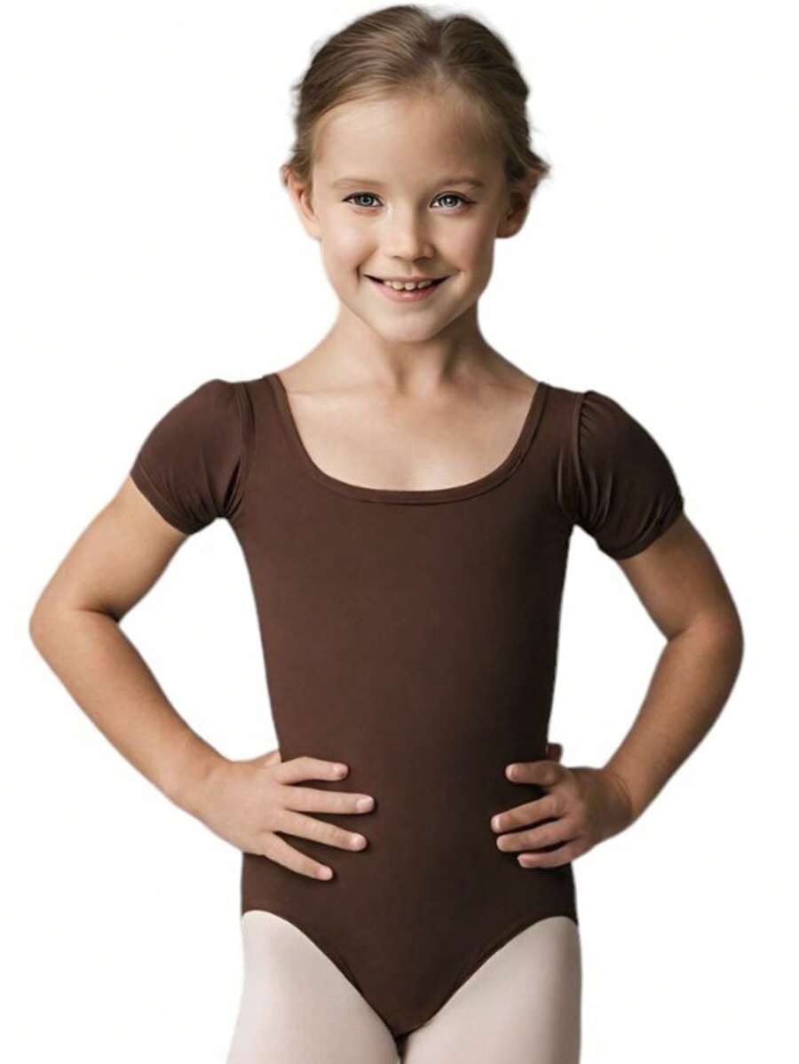 Girls Short Sleeve Cotton Leotard, Ballet Leotard Bodysuit, Sports Gymnastics, Dance And Dancing Without Print Solid Color One-Piece Clothing Clown - 咖啡棕 - 查看 1