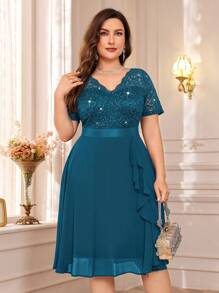 Elegant V-Neck Sequin Lace Contrast Color Chiffon Ruffle Hem Cocktail Party Dress - Dusty Blue - View 4