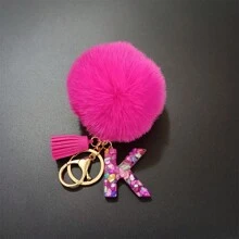 Llavero con pompón de peluche y piedra rosa en forma de letra, decoración para bolso, accesorio de estilo, regalo, recuerdo, accesorio para coche, dije para bolso, accesorios escolares, gótico, Y2K