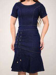 Women's Denim Midi Dress With Elastane Sleeves And Tied Straps - 深色水洗藍 - 查看 5