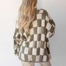 Women's Knit Cardigan Plaid Print Long Lantern Sleeve Open Front Loose Fall Sweater Jacket