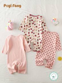 3pcs/Set New Apple Print Baby Girls Rompers Jumpsuits, Autumn/Winter