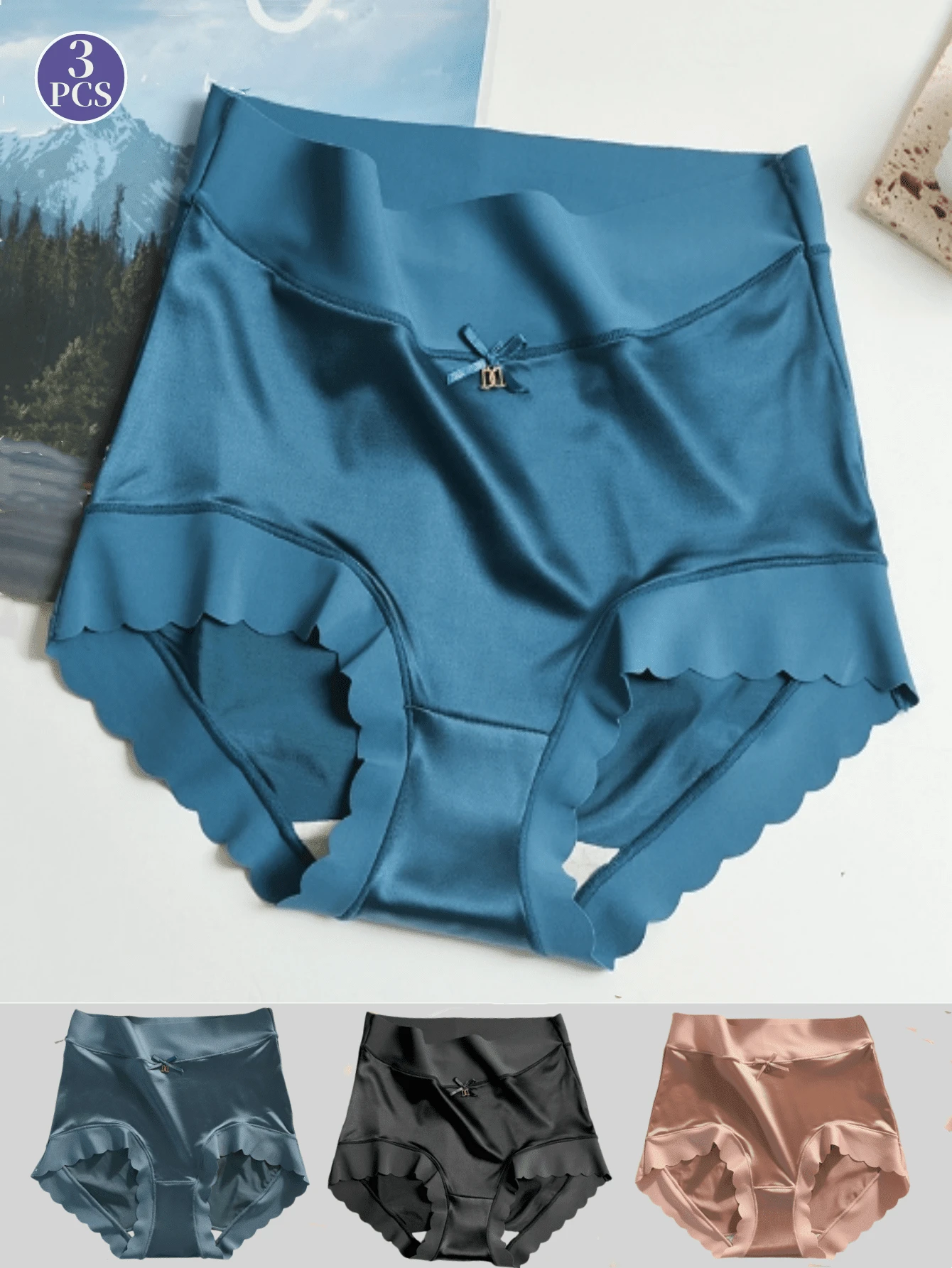 3pcs Satin Icy Silk High Waist Sexy Comfortable No-Trace Lift Butt Women Triangular Panties, Crotch