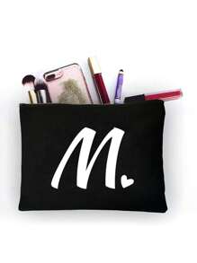Letter Print Patchwork Women's Makeup Bag, Black Small Size, Letter A-Z, Makeup Bag, Portable Toiletry Bag, Reusable Makeup Bag, Women's Simple Large Capacity Travel Makeup Bag, Earphone, Ls - Black - View 18