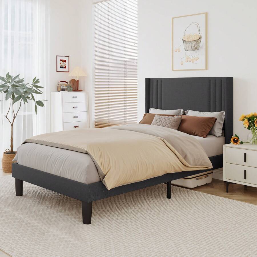 Bed Frame With Upholstered Headboard, Platform Bed Frame With Wooden Slats And Storage Space Under The Bed - 深灰色 - 查看 1