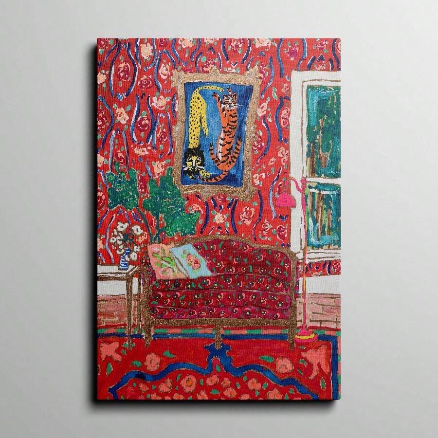 1pc Framed Modern Decorative Art Watercolor Style Print Oil Painting, Retro Oil Painting Style Red Living Room Red Wall Carpet Sofa Wall Art, Gift Artwork Wall Painting For Bathroom Bedroom Office Modern Living Room Kitchen Wall Decor Oblong Wall Art