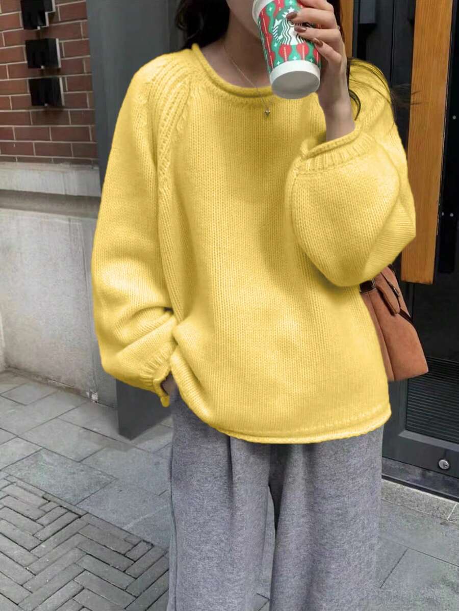 Women's Minimalist Solid Color Crew Neck Long Sleeve Drop Shoulder Knit Sweater - Yellow - View 1