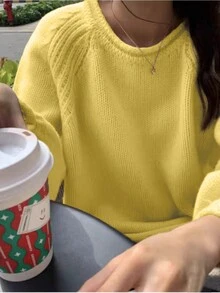 Women's Minimalist Solid Color Crew Neck Long Sleeve Drop Shoulder Knit Sweater - Yellow - View 5