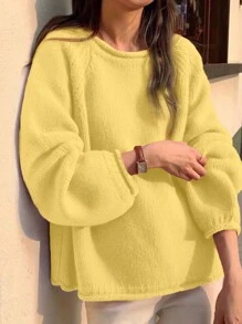 Women's Minimalist Solid Color Crew Neck Long Sleeve Drop Shoulder Knit Sweater - Yellow - View 3