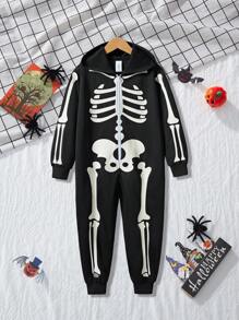 Tween Boy Halloween Costume Long Sleeve Hooded Jumpsuit, Cartoon Glow-In-The-Dark Skull Print, Holiday Party Fashion