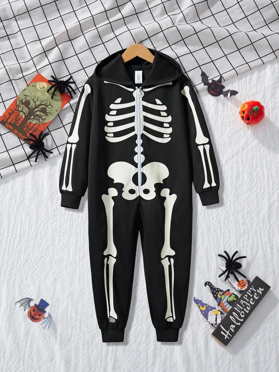 Tween Boy Halloween Costume Long Sleeve Hooded Jumpsuit, Cartoon GlowInTheDark Skull Print