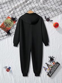 Tween Boy Halloween Costume Long Sleeve Hooded Jumpsuit, Cartoon Glow-In-The-Dark Skull Print, Holiday Party Fashion