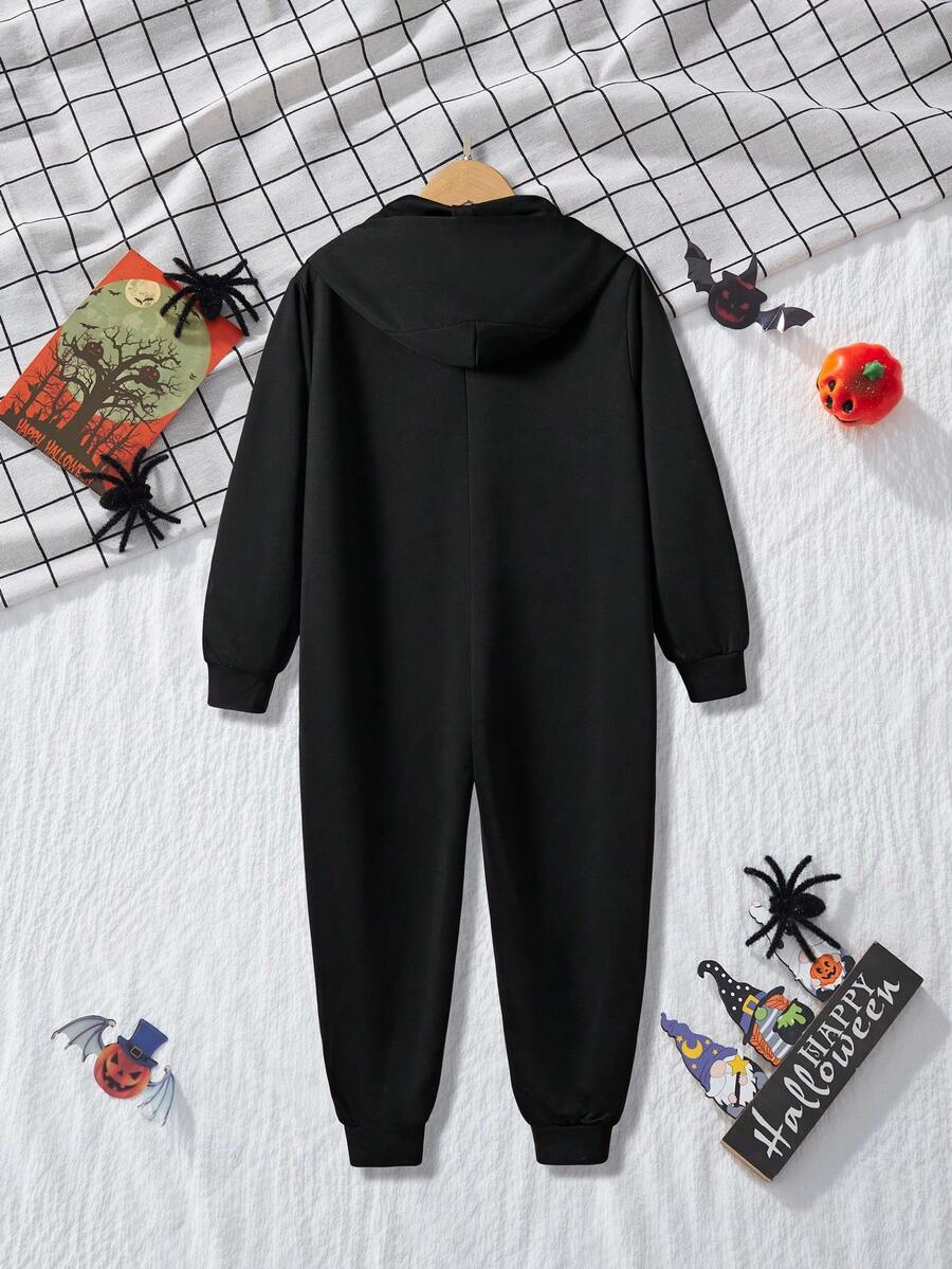 Tween Boy Halloween Costume Long Sleeve Hooded Jumpsuit, Cartoon GlowInTheDark Skull Print