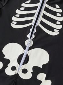 Tween Boy Halloween Costume Long Sleeve Hooded Jumpsuit, Cartoon Glow-In-The-Dark Skull Print, Holiday Party Fashion