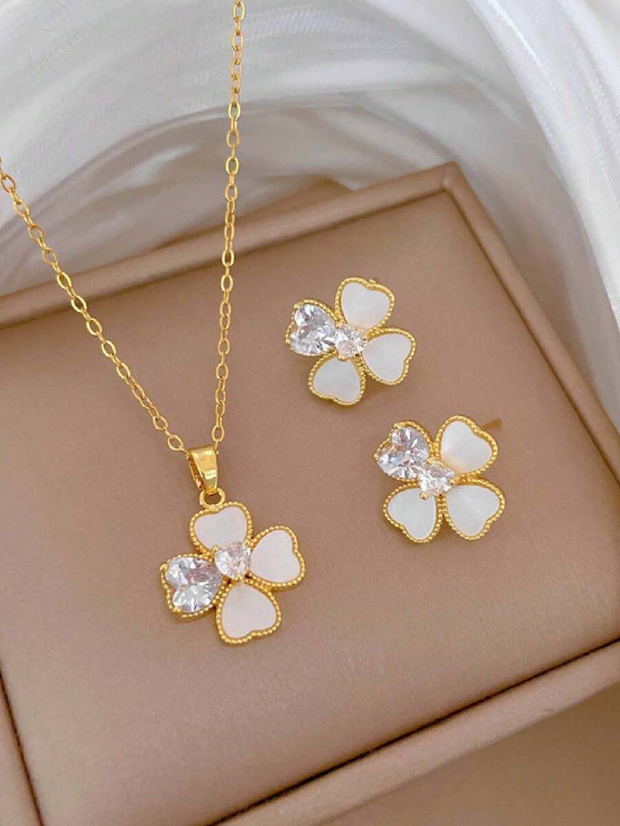 4 Leaf Flower Shell 2pcs Necklace And Earrings Set, Stainless Steel Chain, Luxury Micro-Inlaid Design, Unique Personalized - Gold Suit - View 1