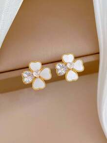 4 Leaf Flower Shell 2pcs Necklace And Earrings Set, Stainless Steel Chain, Luxury Micro-Inlaid Design, Unique Personalized - Gold Suit - View 2