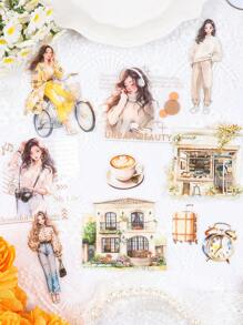 20张文艺时尚女孩工艺品贴纸建筑甜点娃娃风景图案卡通元素防水PET材质典雅幻影系列办公室桌面手机壳电脑布局材料贴纸包适用于DIY剪贴簿垃圾日记时尚杂志计划贴 - 彩色 - 查看 7