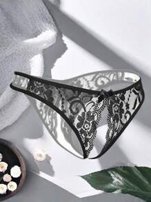 AB. 性感内衣内裤 - 女士性感碎花蕾丝长裤，蝴蝶结细节开裆 T 裤 - 舒适迷人的内衣丁字裤 - 黑色 - 查看 2