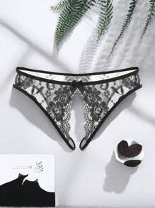 AB. 性感内衣内裤 - 女士性感碎花蕾丝长裤，蝴蝶结细节开裆 T 裤 - 舒适迷人的内衣丁字裤 - 黑色 - 查看 3