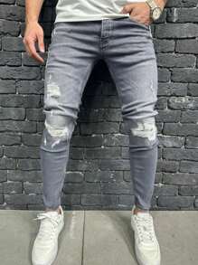 Men's Casual Skinny Fit Ripped Patched Denim Jeans - Grey - View 1