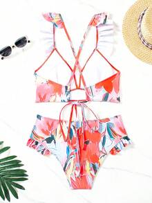 Women's Printed Flounce Shoulder Criss-Cross Back Bikini Summer - Multicolor - View 2