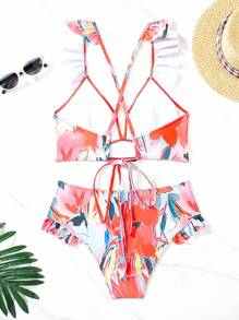 Women's Printed Flounce Shoulder Criss-Cross Back Bikini Summer