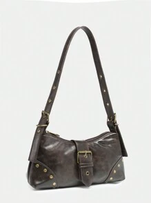 1 Stück vintage Damen-Schultertasche aus weichem, abgenutztem Leder mit Leopardenmuster und Nieten-Dekor, geeignet für Arbeit, Pendeln, Dates, Partys, Y2K-Stil, 2000er-Jahre Mode
