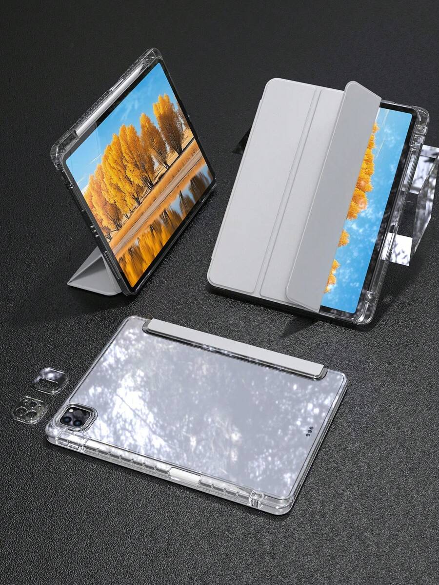 镜面苹果保护壳适用于 iPad 带三折保护透明平板电脑保护壳带亚克力和铅笔架-灰色