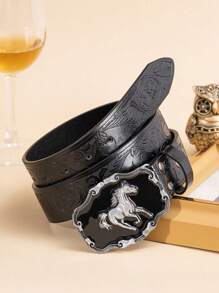 1 pieza Hebilla de caballo negro universal estilo vaquero occidental, cinturón de PU con estampado vintage, remaches, casual y versátil, adecuado para vaqueros, primavera/verano/otoño/invierno, casual, negocios, novio, esposo, padre, regalo para hombres, uso diario, moda, adolescente, al aire libre, vacaciones, atlético, viaje, calle, bohemio, otoño vintage, otoño, accesorios de otoño-invierno, adecuado para adolescentes, jóvenes, hombres, casual, al aire libre, atlético, vacaciones, regalos de graduación, cumpleaños, uso diario - Bronce - Ver 4