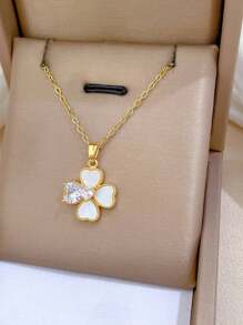 4 Leaf Flower Shell 2pcs Necklace And Earrings Set, Stainless Steel Chain, Luxury Micro-Inlaid Design, Unique Personalized - Gold Suit - View 3