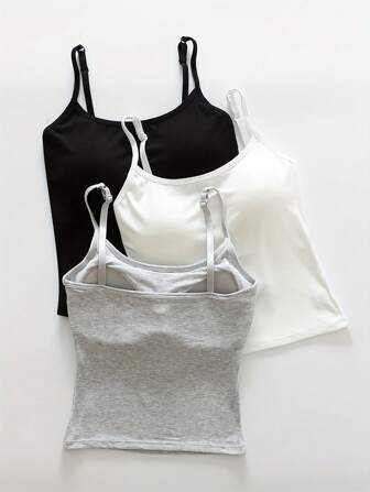 3 件套女式纯色罗纹吊带背心，带衬垫胸罩，休闲紧身短款上衣，健身