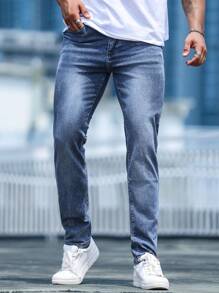 Jeans casuales de corte recto con ajuste regular y efecto desgastado para hombre - Azul - View 1