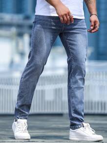 Jeans casuales de corte recto con ajuste regular y efecto desgastado para hombre - Azul - View 2
