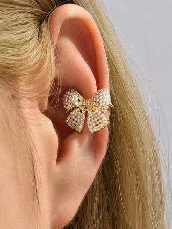 1pc French Elegant Faux Pearl Bow Ear Cuff Earrings, High-End Luxury Women Autumn Winter 2024 New Collection Valentines,Mom,Mother,Mother's Day,Gift