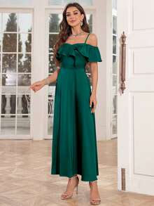Spaghetti Strap Ruffle A-Line Bardot Formal Dress, Bridesmaid Dress - Dark Green - View 4