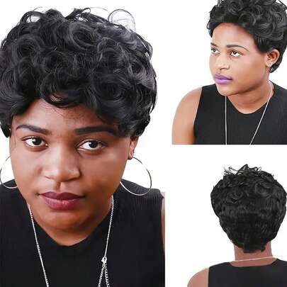 女士短款精灵短发假发巴西真人发假发，带蓬松卷发风格玫瑰网帽，机器制造无胶 6 英寸假发，适合非洲女性