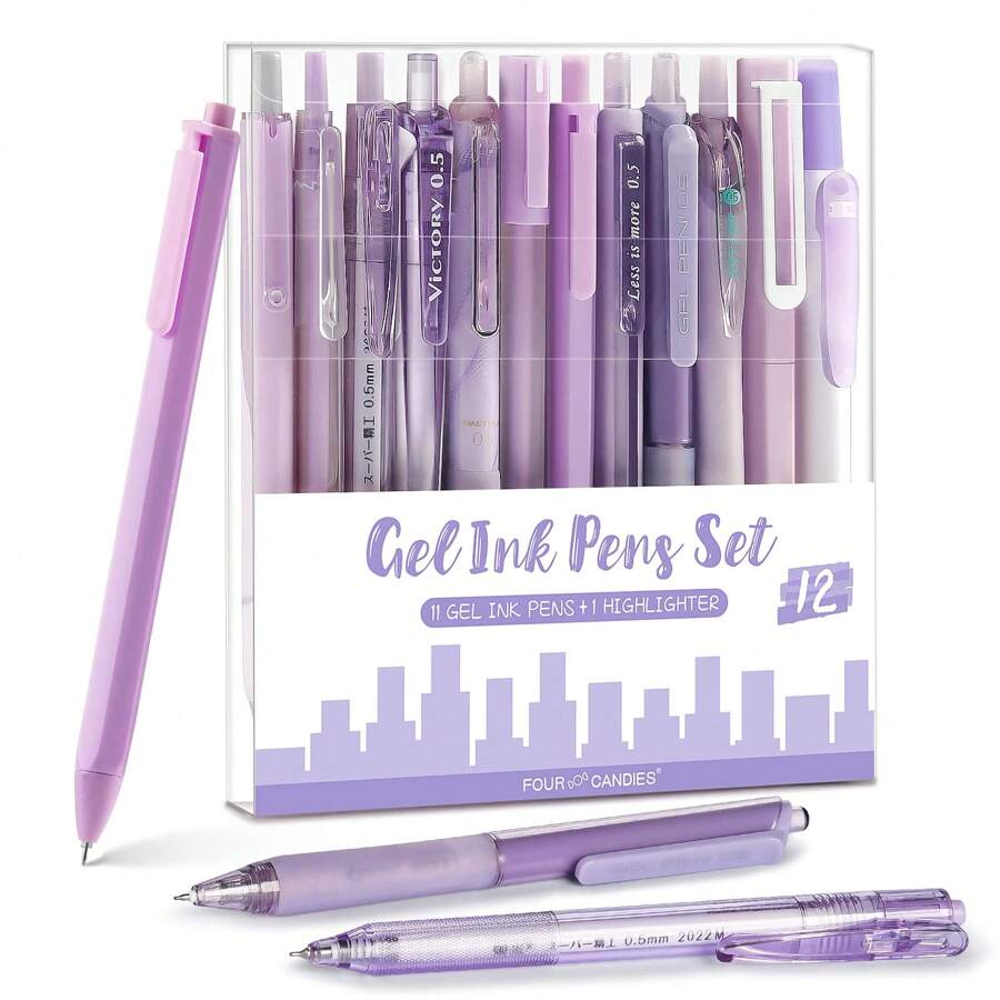 12Pack Pastel Gel Ink Pen Set, 11 Pack Black Ink Pens With 1Pack Highlighter For Writing, Retractable 0.5mm Fine Point Cute Note Taking Pens For School Office